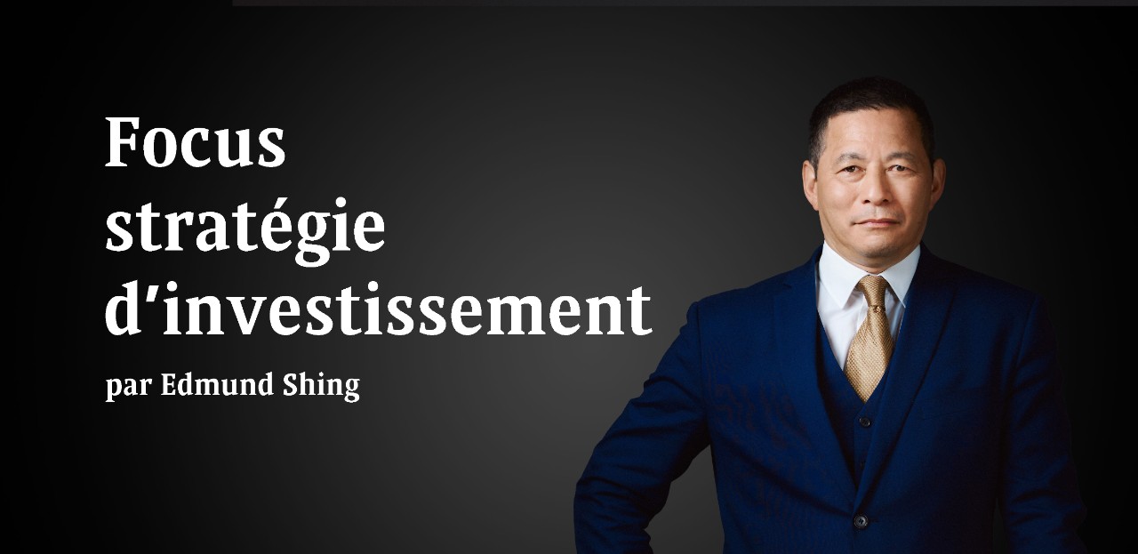 Une image avec un titre de la stratégie d'investissement à gauche et Edmund Shing à droite